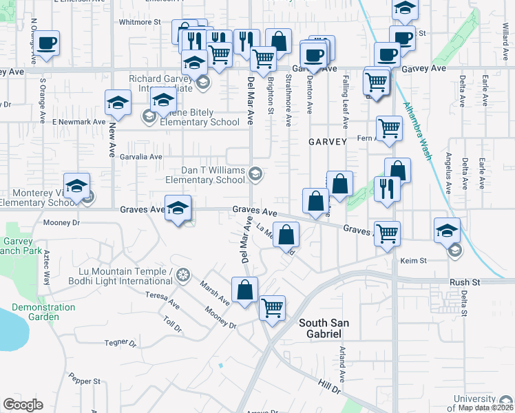 map of restaurants, bars, coffee shops, grocery stores, and more near in South San Gabriel