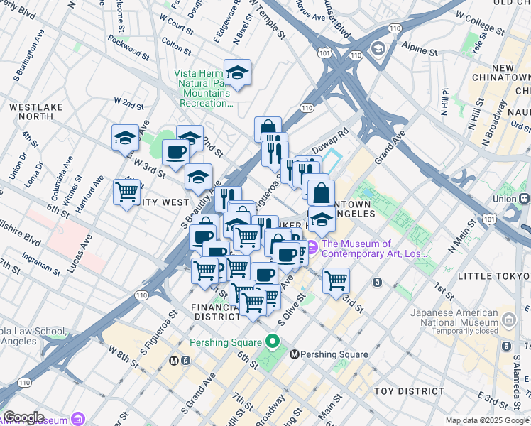 map of restaurants, bars, coffee shops, grocery stores, and more near 235 South Figueroa Street in Los Angeles