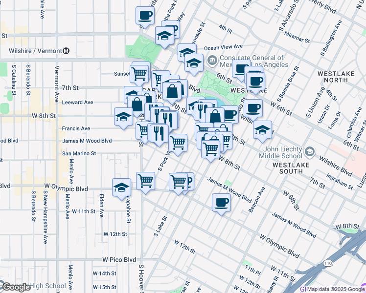 map of restaurants, bars, coffee shops, grocery stores, and more near 2312 West 8th Street in Los Angeles