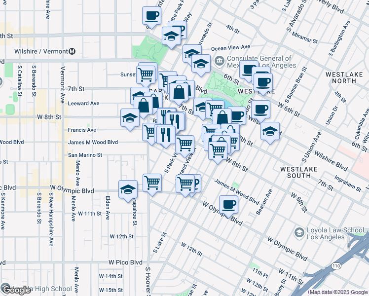 map of restaurants, bars, coffee shops, grocery stores, and more near 822 South Park View Street in Los Angeles