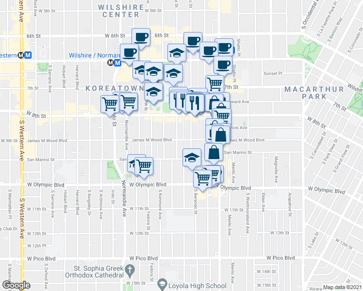 map of restaurants, bars, coffee shops, grocery stores, and more near in Los Angeles
