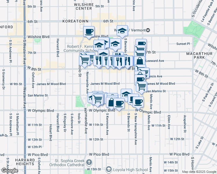 map of restaurants, bars, coffee shops, grocery stores, and more near 861 South Catalina Street in Los Angeles