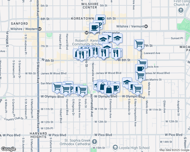 map of restaurants, bars, coffee shops, grocery stores, and more near 871 South Mariposa Avenue in Los Angeles
