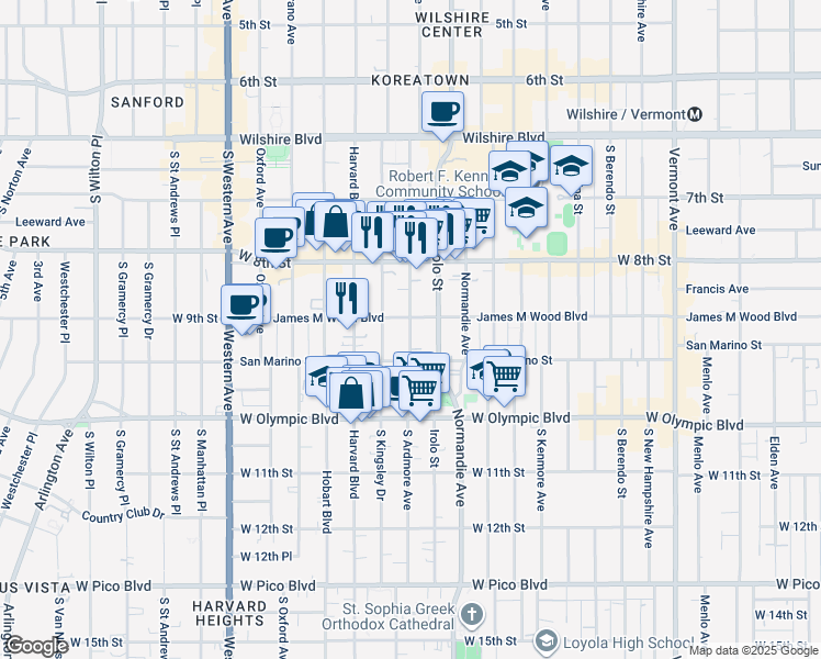 map of restaurants, bars, coffee shops, grocery stores, and more near 869 South Ardmore Avenue in Los Angeles