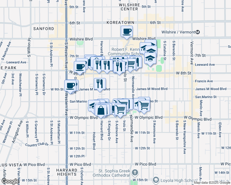 map of restaurants, bars, coffee shops, grocery stores, and more near 869 South Ardmore Avenue in Los Angeles