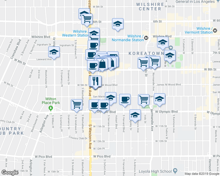 map of restaurants, bars, coffee shops, grocery stores, and more near 854 South Serrano Avenue in Los Angeles