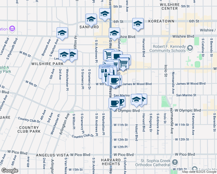 map of restaurants, bars, coffee shops, grocery stores, and more near 916 South Western Avenue in Los Angeles