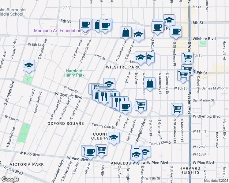 map of restaurants, bars, coffee shops, grocery stores, and more near 893 South Norton Avenue in Los Angeles