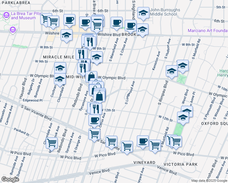 map of restaurants, bars, coffee shops, grocery stores, and more near 1032 South Citrus Avenue in Los Angeles