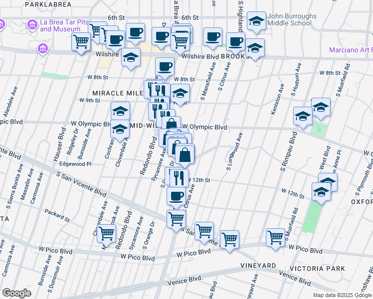 map of restaurants, bars, coffee shops, grocery stores, and more near 1038 South Mansfield Avenue in Los Angeles