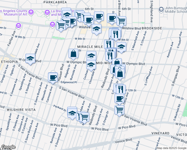 map of restaurants, bars, coffee shops, grocery stores, and more near 1039 South Cloverdale Avenue in Los Angeles