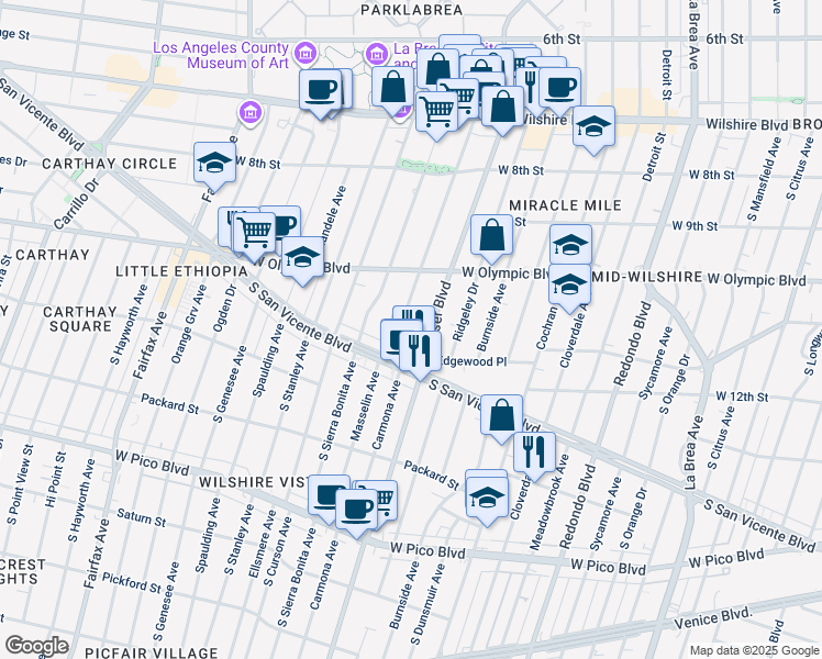 map of restaurants, bars, coffee shops, grocery stores, and more near 1051 Hauser Boulevard in Los Angeles
