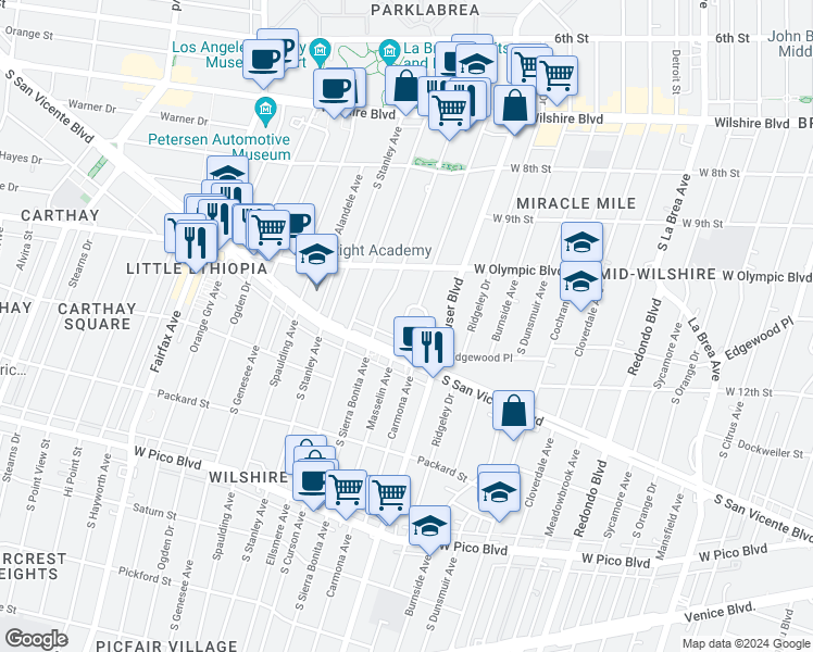 map of restaurants, bars, coffee shops, grocery stores, and more near 1053 Masselin Avenue in Los Angeles