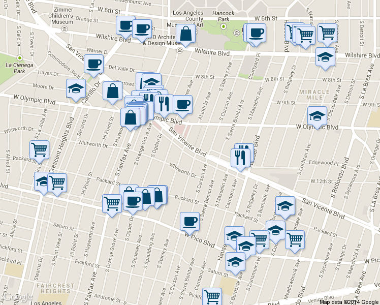 map of restaurants, bars, coffee shops, grocery stores, and more near 1053 South Stanley Avenue in Los Angeles