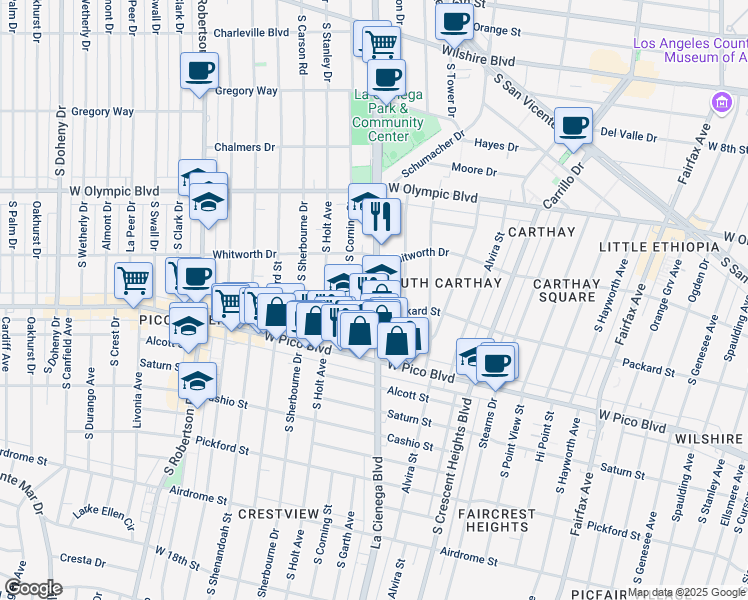 map of restaurants, bars, coffee shops, grocery stores, and more near 1138 South Corning Street in Los Angeles