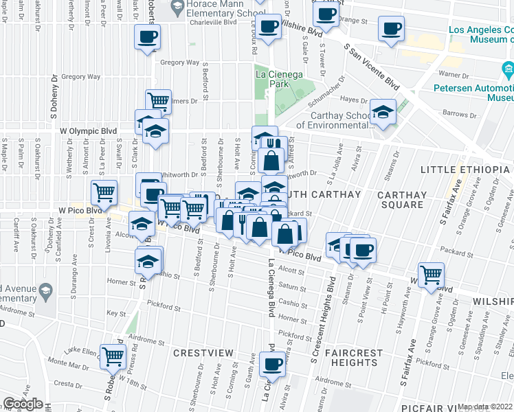 map of restaurants, bars, coffee shops, grocery stores, and more near 1138 South Corning Street in Los Angeles