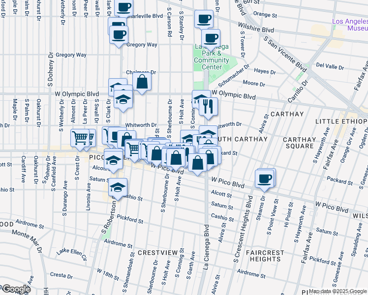 map of restaurants, bars, coffee shops, grocery stores, and more near 1139 South Holt Avenue in Los Angeles