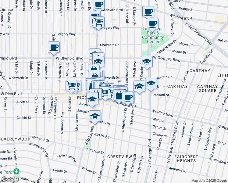 map of restaurants, bars, coffee shops, grocery stores, and more near 1142 South Shenandoah Street in Los Angeles