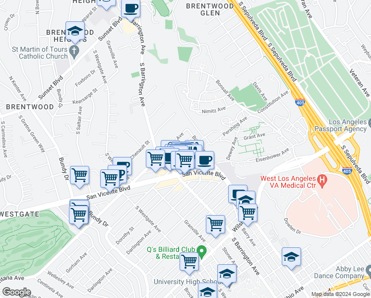 map of restaurants, bars, coffee shops, grocery stores, and more near 11636 Montana Avenue in Los Angeles