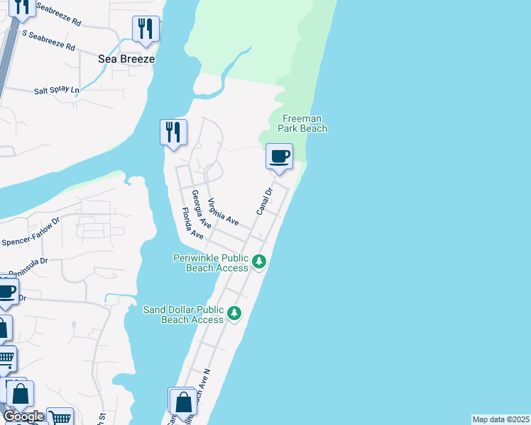 map of restaurants, bars, coffee shops, grocery stores, and more near 1702 Canal Drive in Carolina Beach