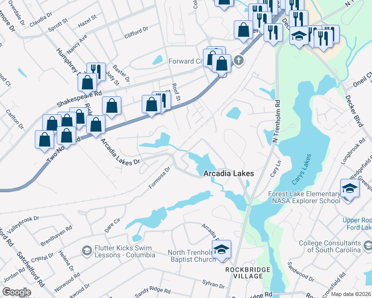 map of restaurants, bars, coffee shops, grocery stores, and more near 1504 Leaside Drive in Columbia