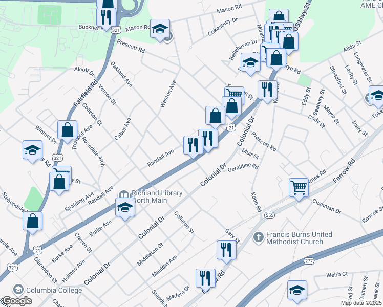 map of restaurants, bars, coffee shops, grocery stores, and more near 1108 Oakland Avenue in Columbia