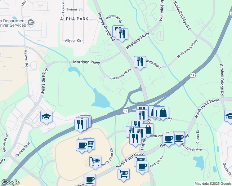 map of restaurants, bars, coffee shops, grocery stores, and more near Haynes Bridge Road in Alpharetta