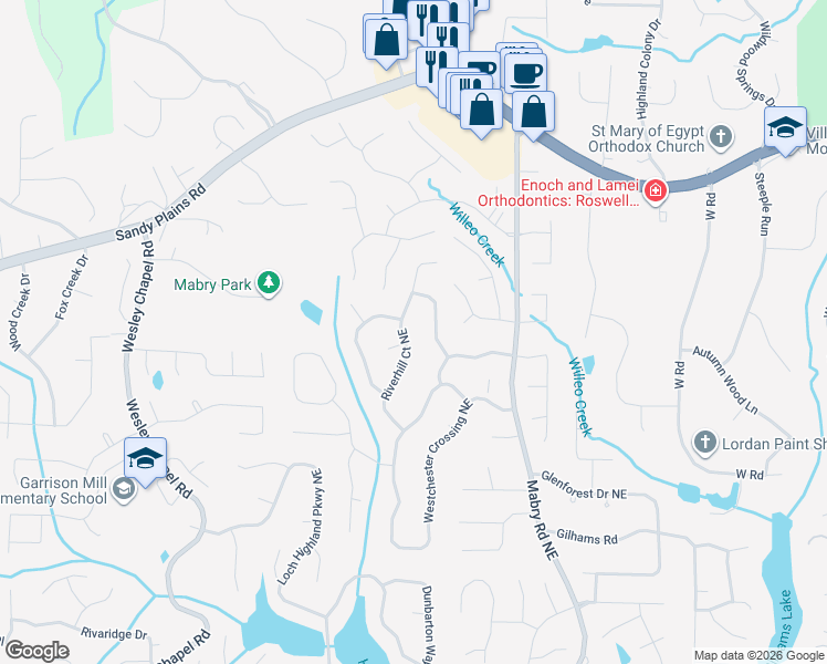map of restaurants, bars, coffee shops, grocery stores, and more near 4174 Riverhill Court Northeast in Roswell