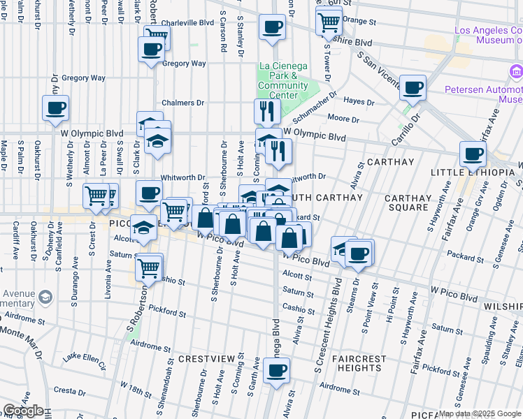 map of restaurants, bars, coffee shops, grocery stores, and more near 1200 South Corning Street in Los Angeles
