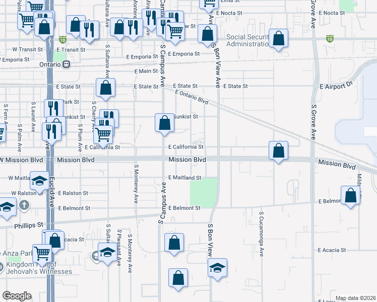 map of restaurants, bars, coffee shops, grocery stores, and more near 764 East California Street in Ontario