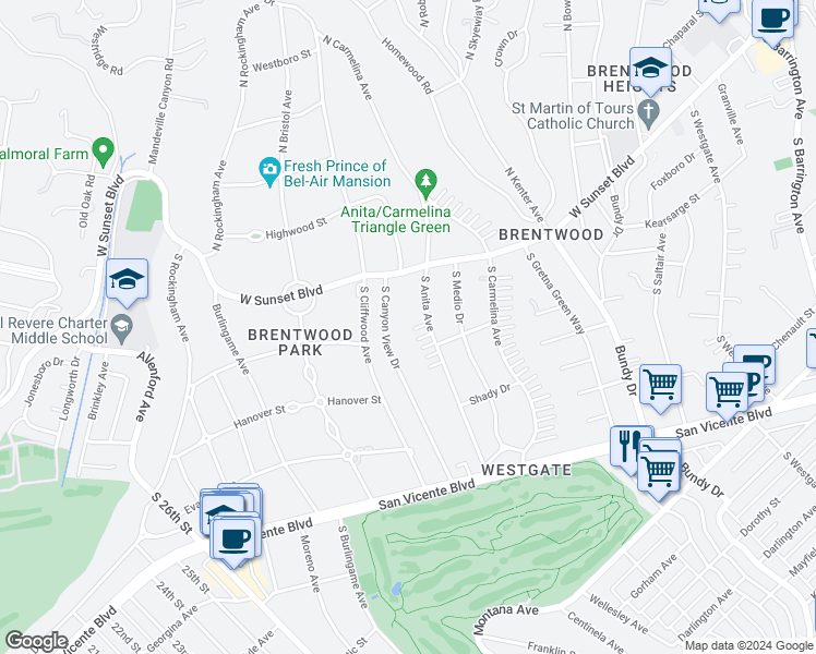 map of restaurants, bars, coffee shops, grocery stores, and more near 151 5th Anita Drive in Los Angeles