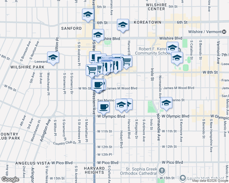 map of restaurants, bars, coffee shops, grocery stores, and more near 854 South Serrano Avenue in Los Angeles