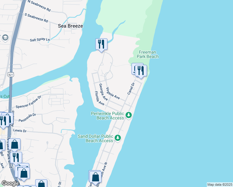 map of restaurants, bars, coffee shops, grocery stores, and more near 110 Virginia Avenue in Carolina Beach