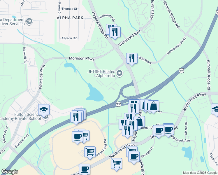 map of restaurants, bars, coffee shops, grocery stores, and more near Haynes Bridge Road in Alpharetta