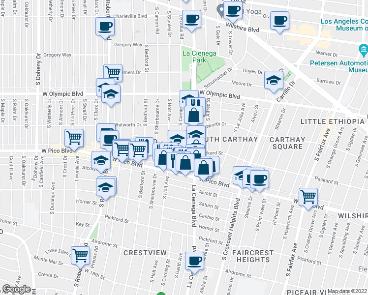 map of restaurants, bars, coffee shops, grocery stores, and more near 1200 South Corning Street in Los Angeles