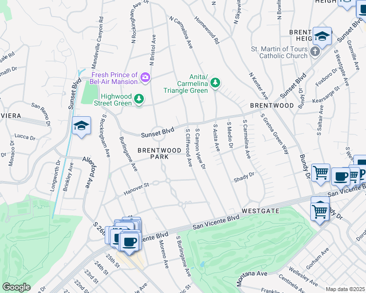 map of restaurants, bars, coffee shops, grocery stores, and more near 151 South Cliffwood Avenue in Los Angeles