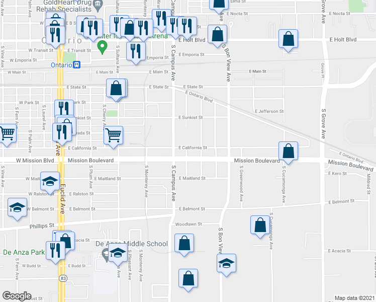 map of restaurants, bars, coffee shops, grocery stores, and more near 736 East California Street in Ontario