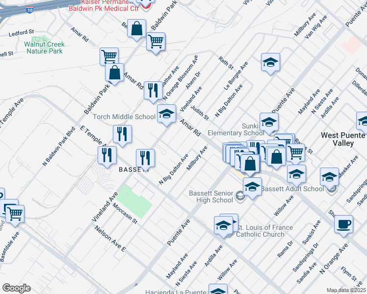 map of restaurants, bars, coffee shops, grocery stores, and more near 720 Le Borgne Avenue in La Puente