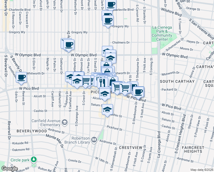 map of restaurants, bars, coffee shops, grocery stores, and more near 1147 South Robertson Boulevard in Los Angeles