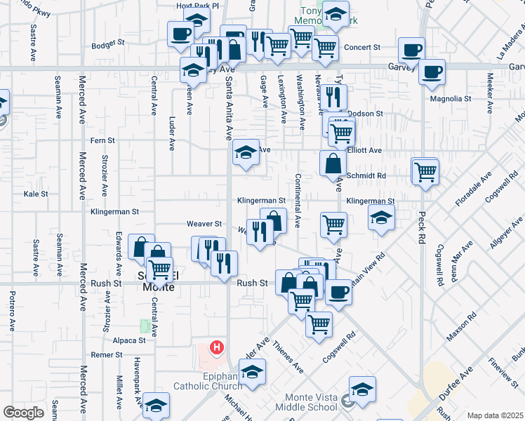 map of restaurants, bars, coffee shops, grocery stores, and more near 10710 Klingerman Street in South El Monte
