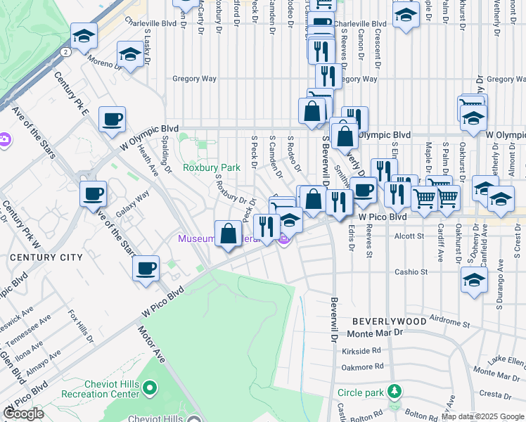map of restaurants, bars, coffee shops, grocery stores, and more near 1159 Daniels Drive in Los Angeles