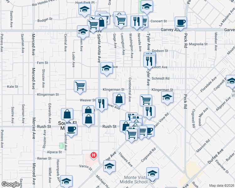 map of restaurants, bars, coffee shops, grocery stores, and more near 10740 Klingerman Street in South El Monte