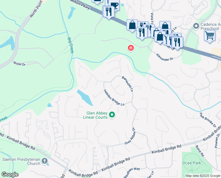 map of restaurants, bars, coffee shops, grocery stores, and more near 325 North Saint Phillip Lane in Alpharetta
