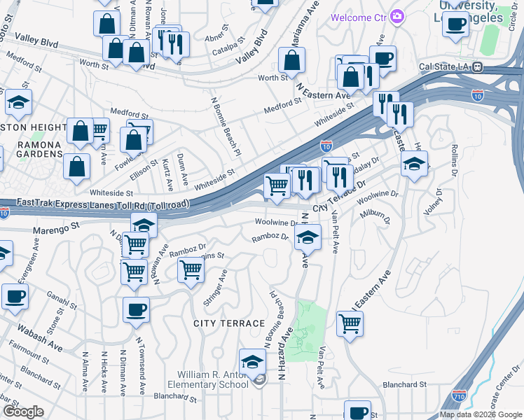 map of restaurants, bars, coffee shops, grocery stores, and more near 3864 City Terrace Drive in Los Angeles