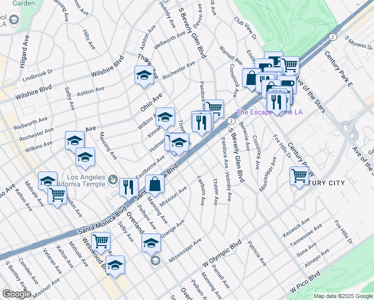 map of restaurants, bars, coffee shops, grocery stores, and more near 10514 Eastborne Avenue in Los Angeles