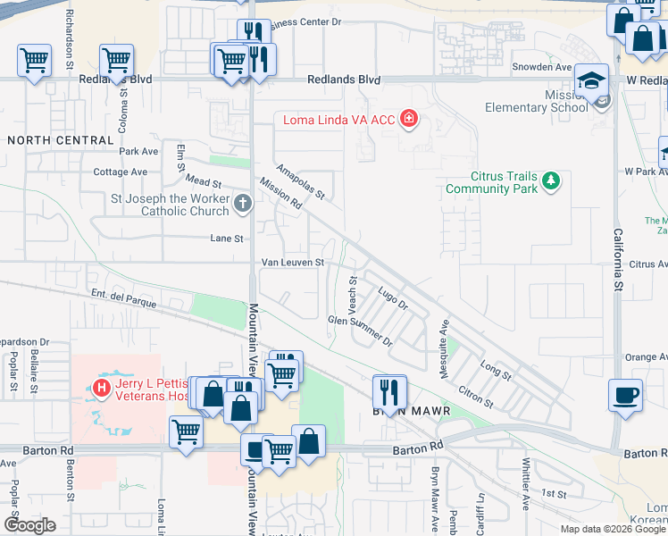 map of restaurants, bars, coffee shops, grocery stores, and more near 10888 Sinclare Circle in Loma Linda