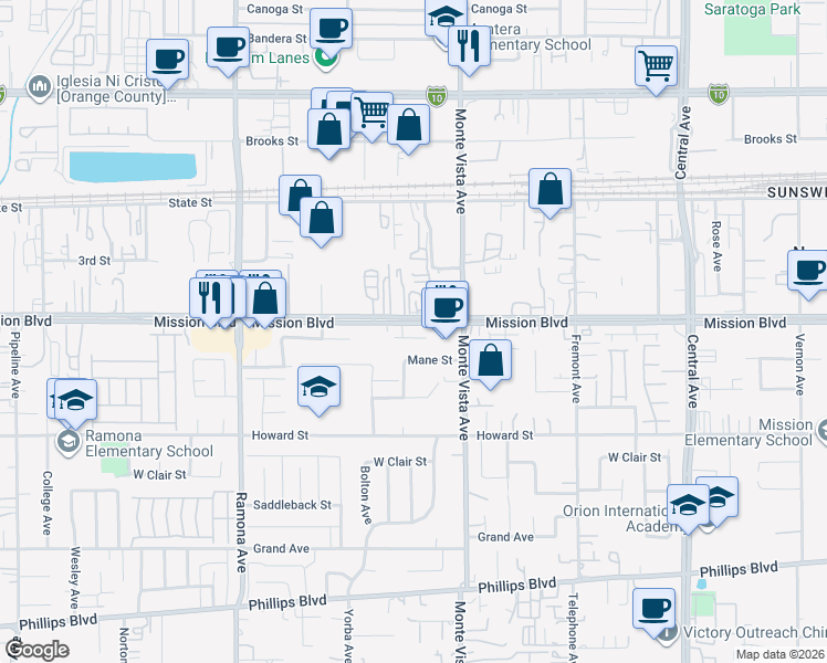 map of restaurants, bars, coffee shops, grocery stores, and more near 4814 Rawhide Street in Montclair