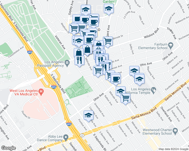 map of restaurants, bars, coffee shops, grocery stores, and more near 1300 Kelton Avenue in Los Angeles