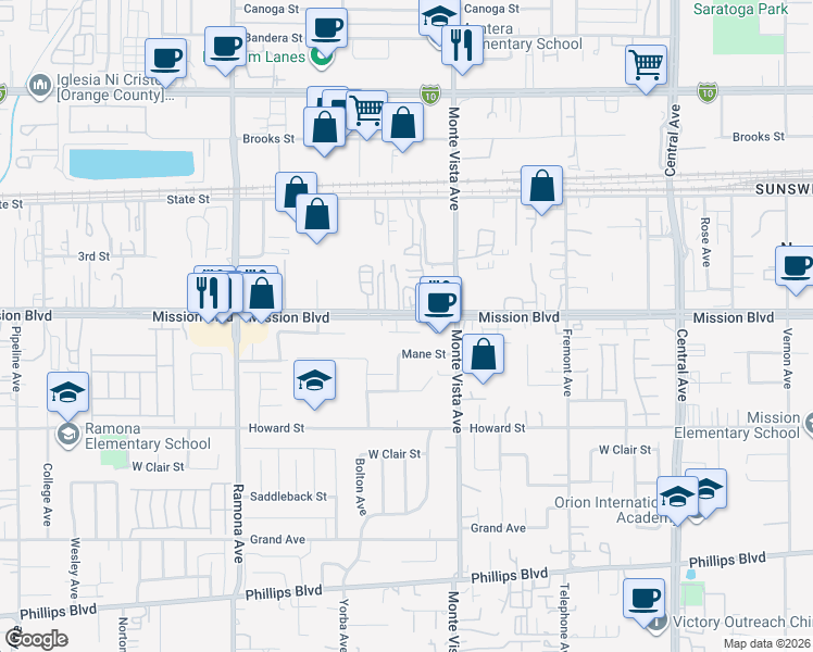 map of restaurants, bars, coffee shops, grocery stores, and more near 4814 Rawhide Street in Montclair