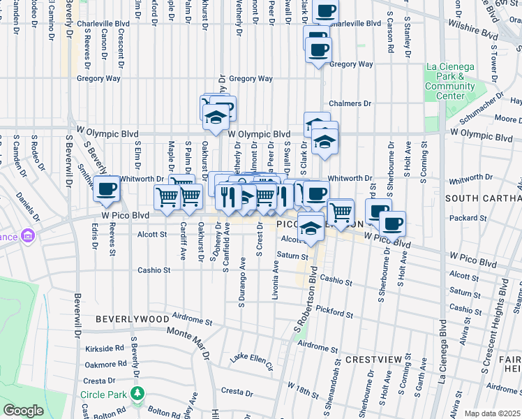 map of restaurants, bars, coffee shops, grocery stores, and more near 1138 South Crest Drive in Los Angeles